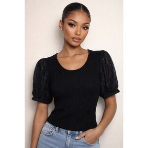 Design History Puff Sleeve Top Women Small Black NWT